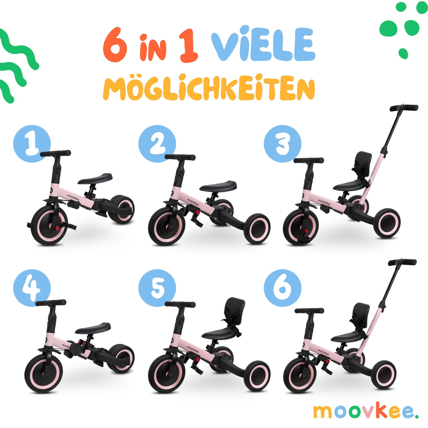 Tricycle from 1 year with push handle 6in1 - Pink balance bike - Tricycle with push handle - Baby bike from 1 year - Children's bike - Balance bikes - Safety balance bike for your child thanks to 3-point harness.