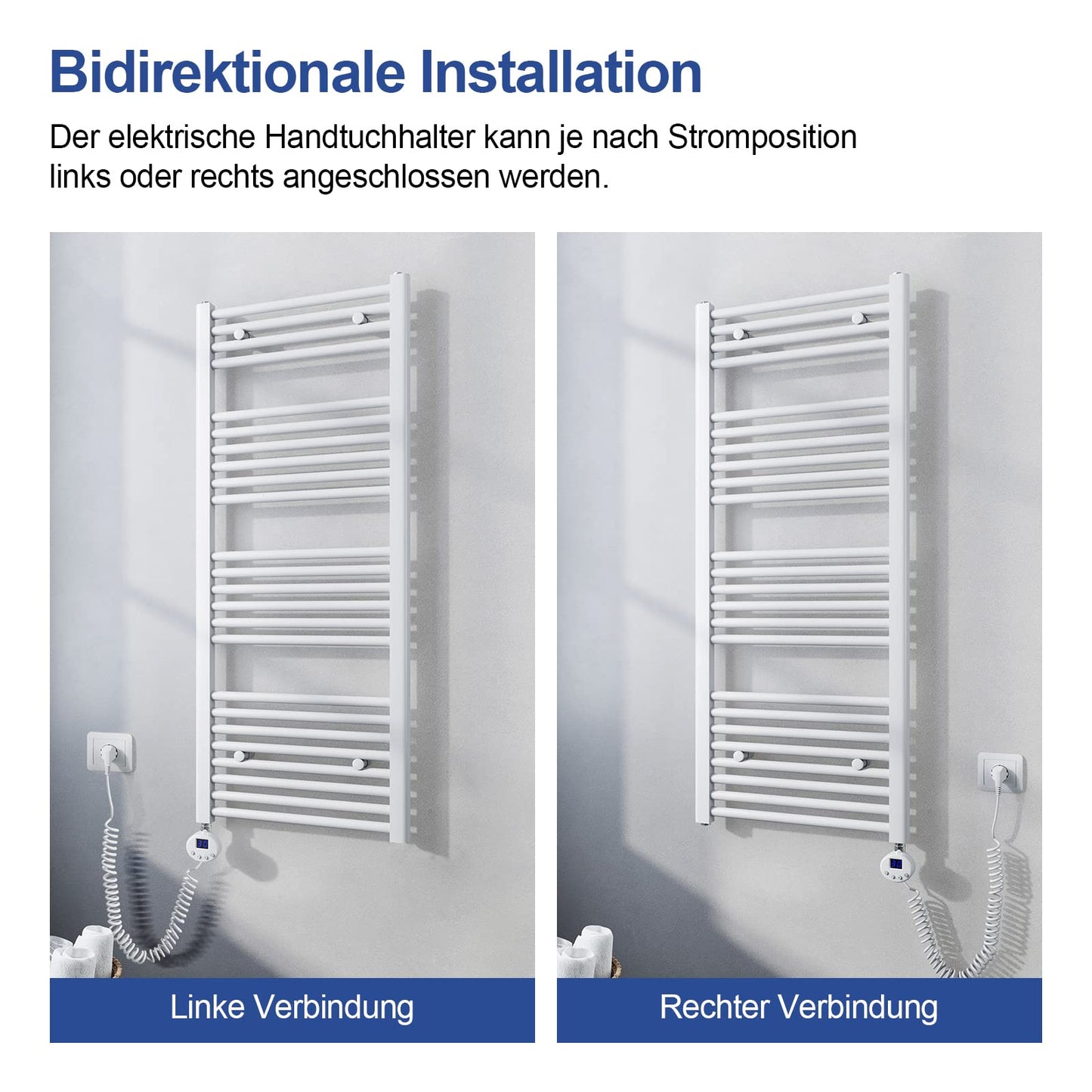 Meykoers electric towel radiator 700 x 400mm with thermostat, bathroom heater in white, 238 watts.