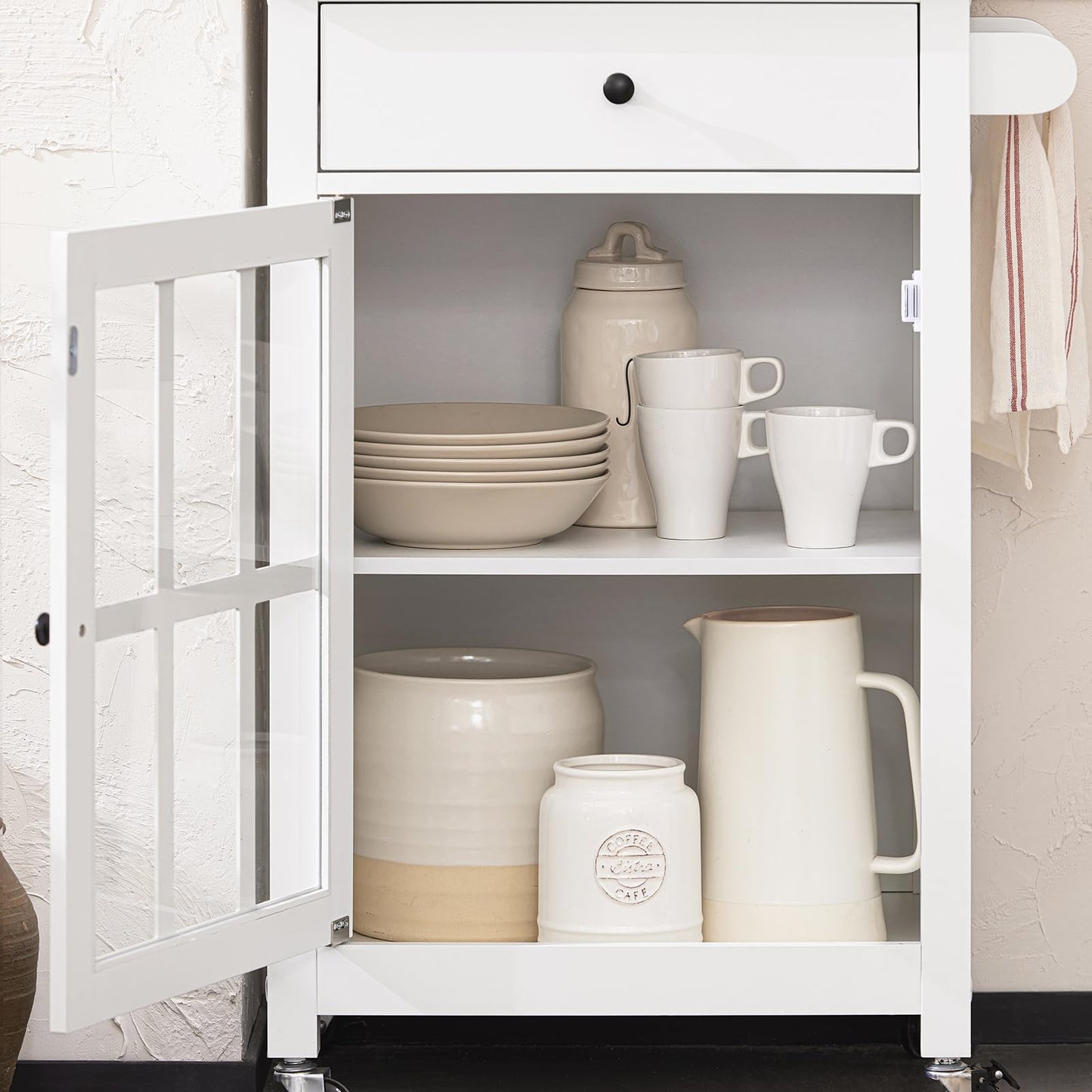 SoBuy FKW98-WN Kitchen Trolley with 1 Door and Drawer Serving Cart with Rubberwood Worktop Side Trolley Trolley White WDH approx. 62x87.5x45.5cm