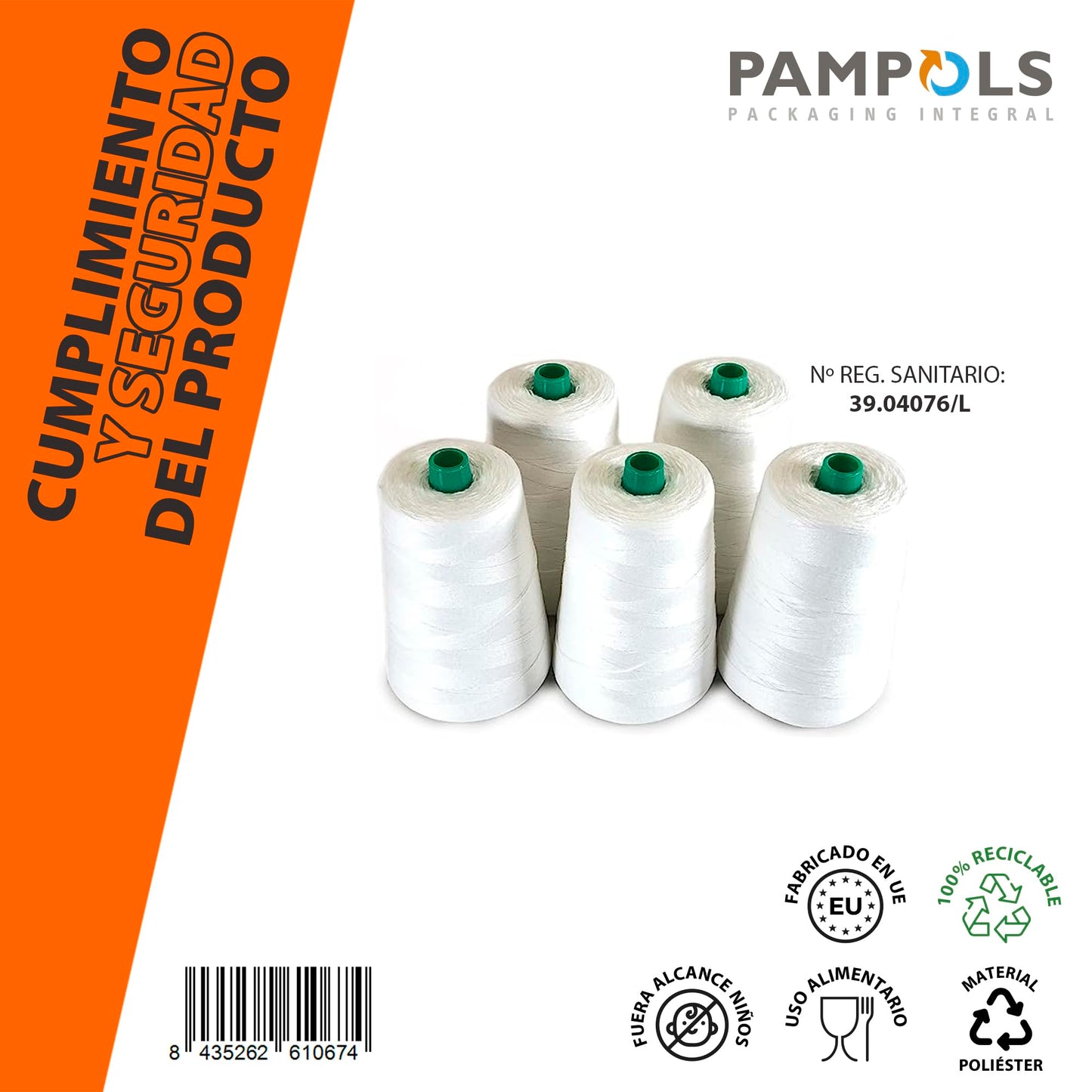 PAMPOLS pack of 5 rolls of thick polyester yarn for bag sewing machine | High strength rope for closing | Bags 5 cones of 20/4 of 200gr | White (White)