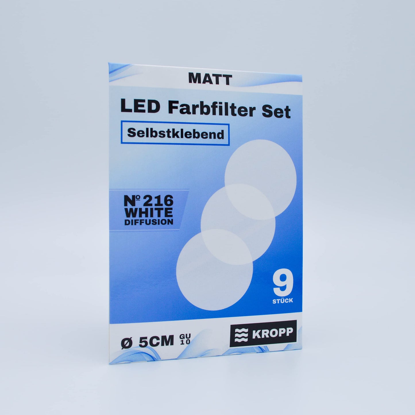 KROPP Self-Adhesive Diffuser Films for LED Lamps, 5 cm Circle Cut, Milk Glass Film for a beautiful appearance and light diffusion, Filter set with 9 pieces
