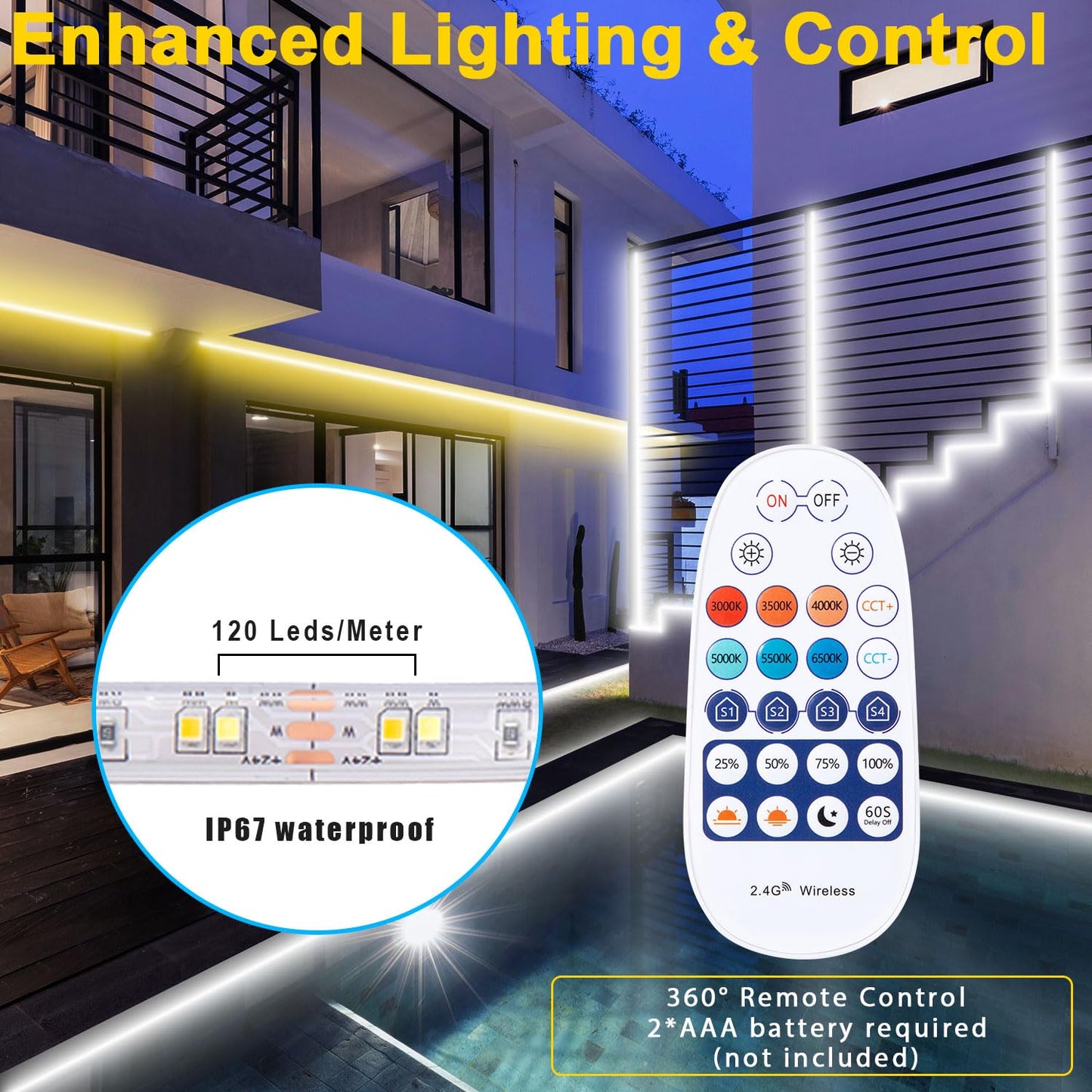 TENDIST Led Strip 15M Outdoor Warm White To Cool White Dimmable, IP67 Waterproof Led Strip Alexa Compatible Wifi App and remote control, 24V Outdoor Led Tape Self-adhesive for Garden, Kitchen