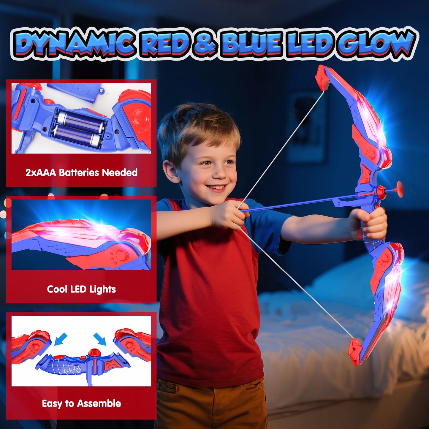 Lubolee LED lighted bow and arrow kids set, outdoor toy for boys aged 3-12, includes bow, quiver, 10 arrows, hanging target, and 3 foam targets.