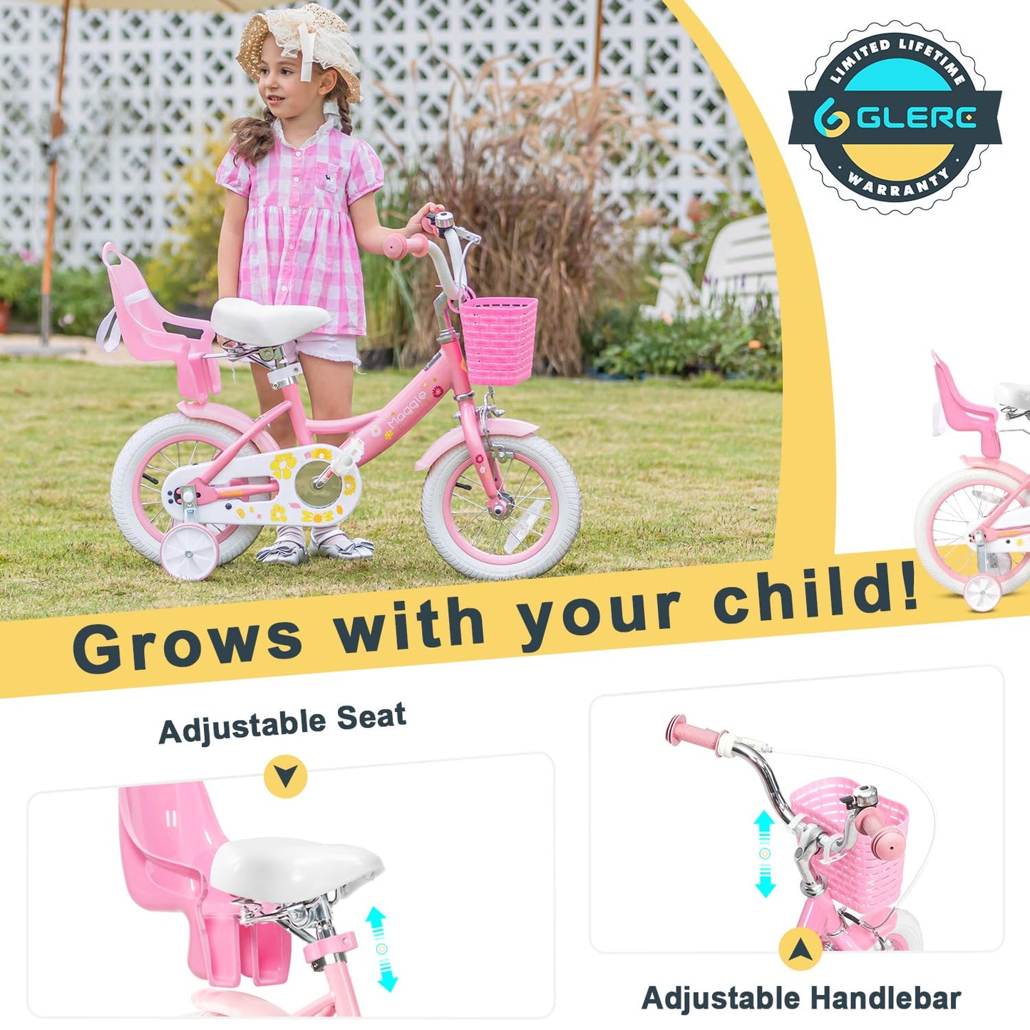 Glerc Maggie 12 inch kids bike for 1 2 3 4 year old girls. Princess style with doll seat, basket, training wheels & bell. Perfect birthday gift, pink to white.