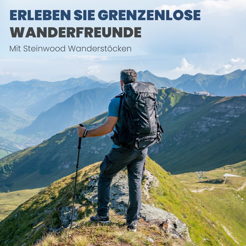 Steinwood Premium Carbon Trekking Poles - Telescopic Hiking Poles for Men and Women - Ultralight Carbon Walking Stick with Cork Grip and Rubber Tips Set