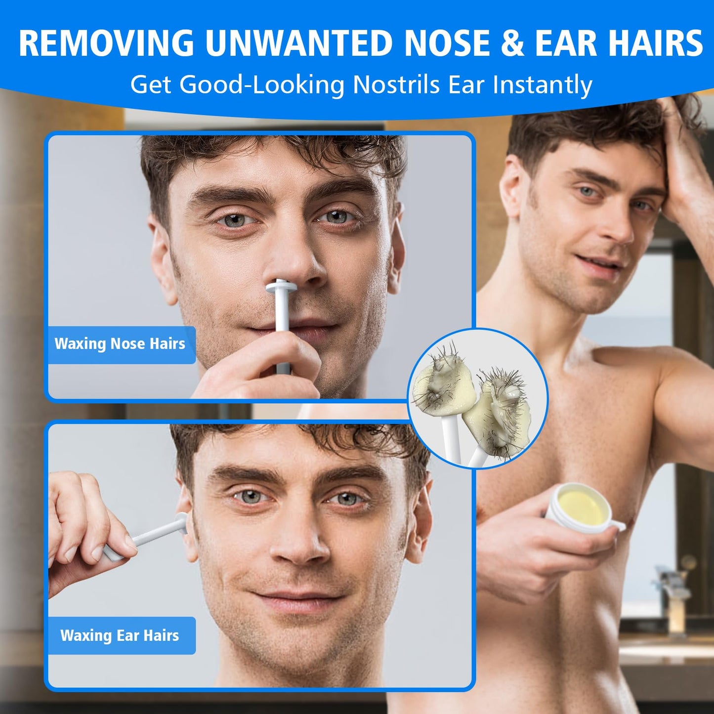 Wokaar Nose Hair Waxing Kit for Men and Women, 120g of hypoallergenic wax, 30 applicators, nose and ear hair removal wax, easy nostril waxing kit, 15 balm cloths.