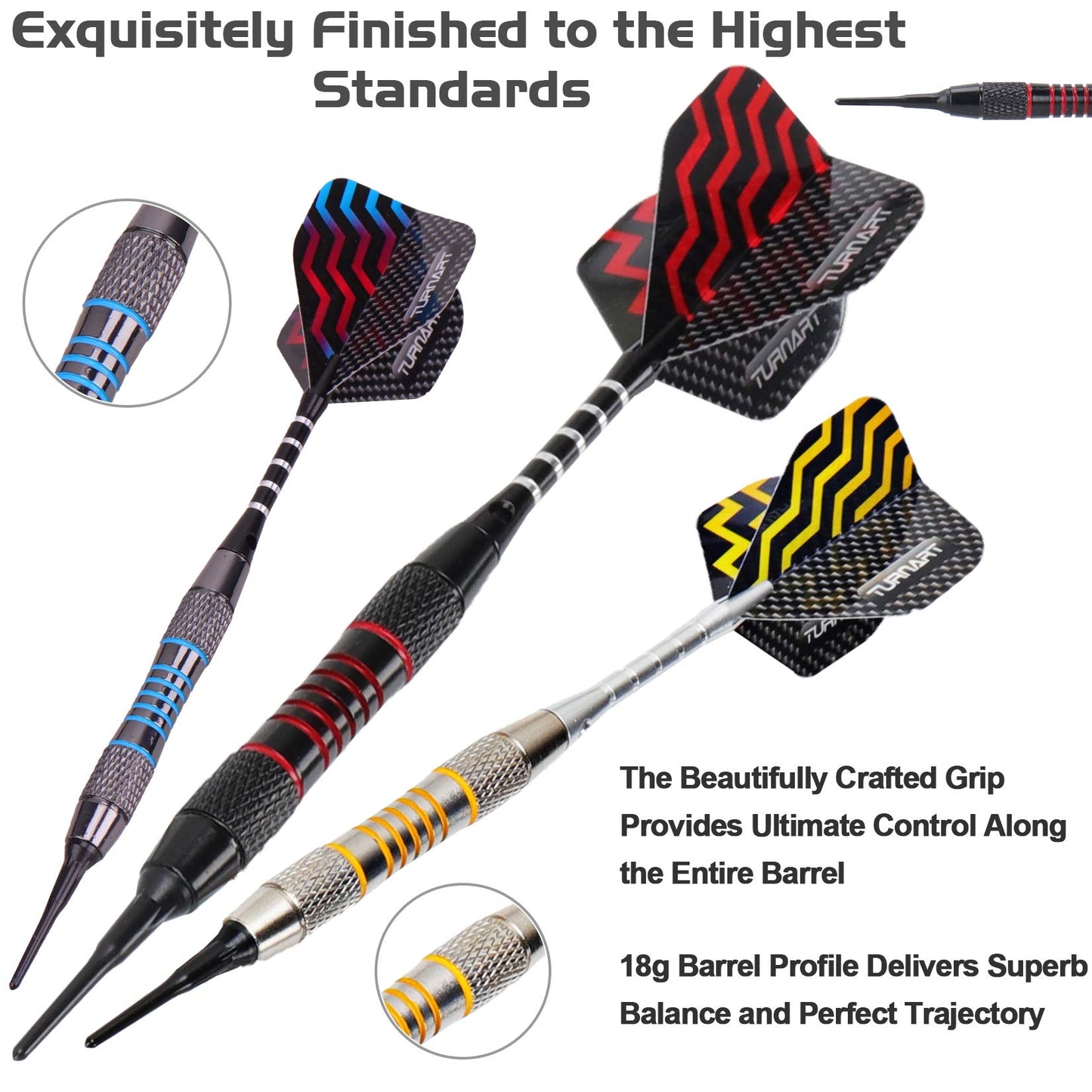 Soft tip darts set of 9 pieces weighing 18 grams, includes 50 extra dart tips, 20 rubber o-rings, 27 flights, and a 9 piece tool kit for electronic dartboards (tungsten).