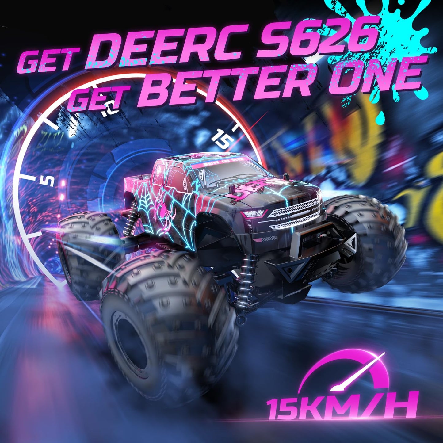 DEERC 1:16 Remote Control Car, Glow-in-the-Dark Spider Design RC Car, up to 15 km/h, 30 minutes playtime, All-Terrain 2.4GhZ Monster Spider Truck - Gift for Kids aged 6 7 8 9 years.
