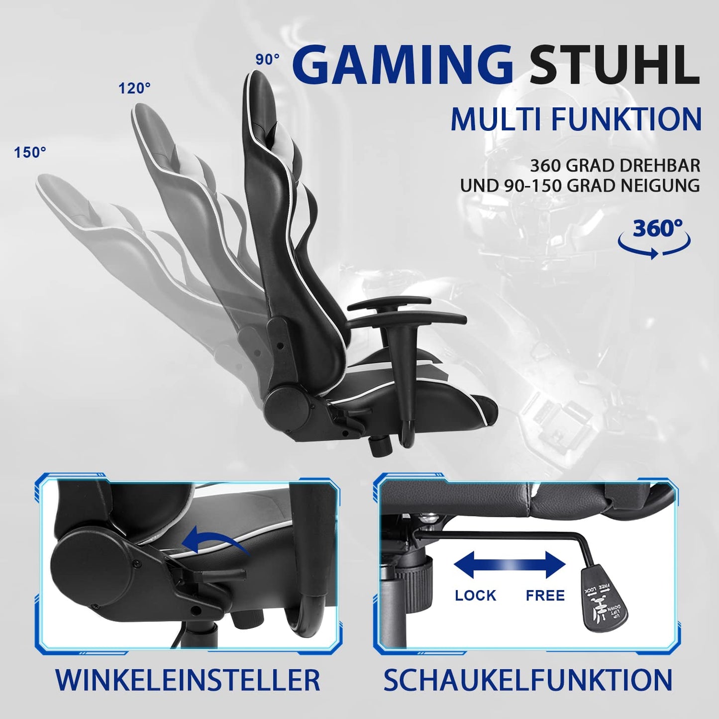 Homall Gaming Chair, ergonomic, adjustable height and back support, gamer seat, office chair, with wheels, quiet, headrest, lumbar support (white)