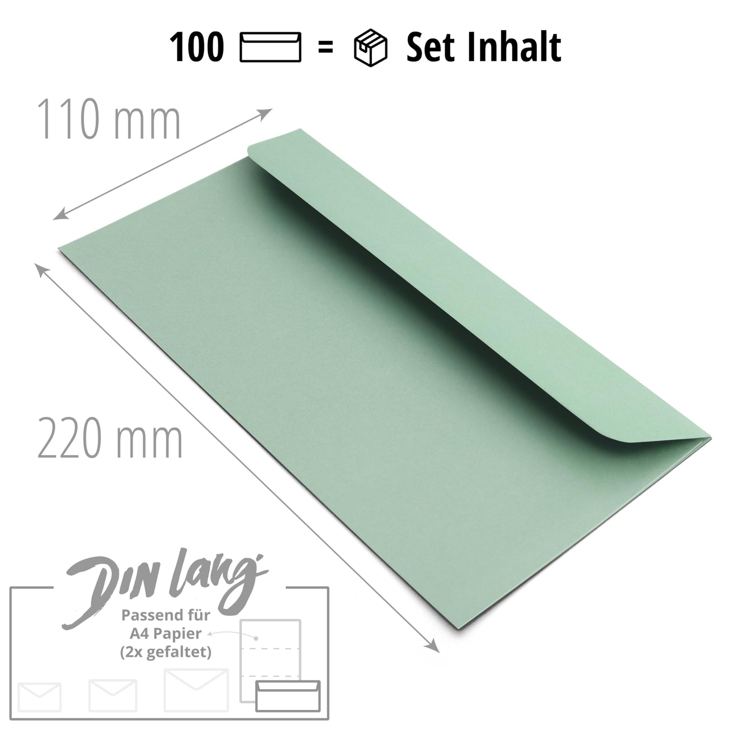 Japun - Paper envelopes (100 pcs), made of paper, without window - DL size - 220 x 110 mm - green.