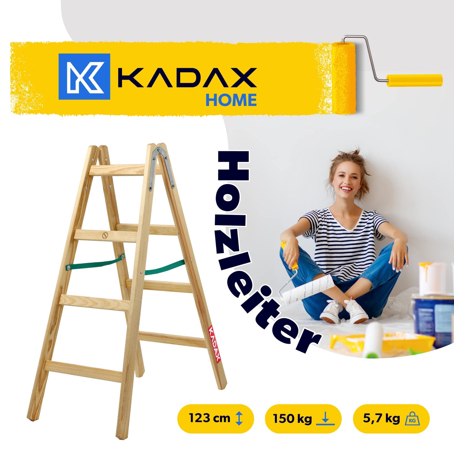 KADAX Wooden Step Ladder, Folding Painter's Ladder with Steel Hooks, Electrician's Ladder, Household Ladder (4 Steps) - Supports up to 150 kg.