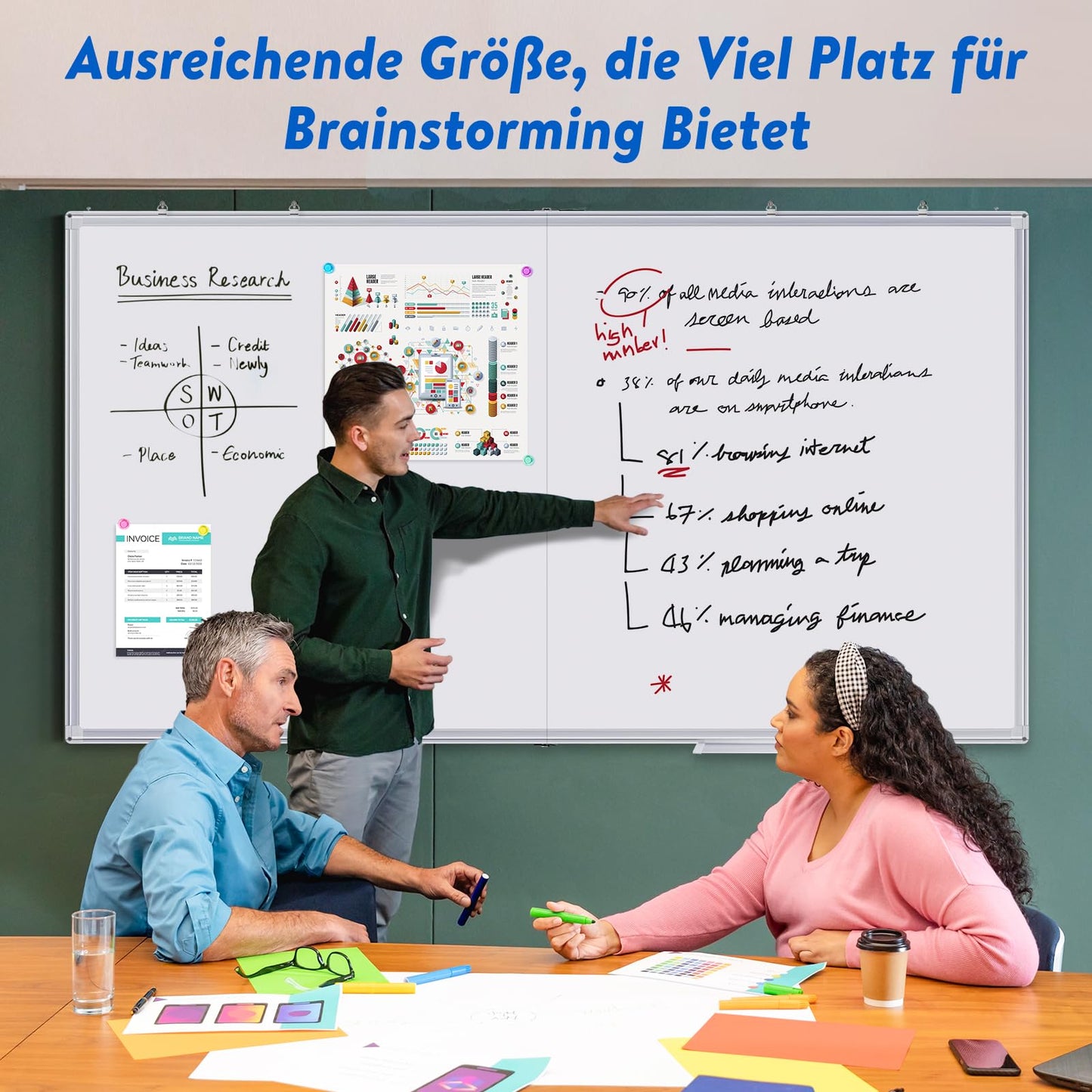 maxtek Whiteboard Magnetic 180 x 100 cm, Large Magnetic Board with Aluminum Frame and Detachable Tray, Dry Wipe on Both Sides, Magnetic Pin Board Suitable for Office, School, Home