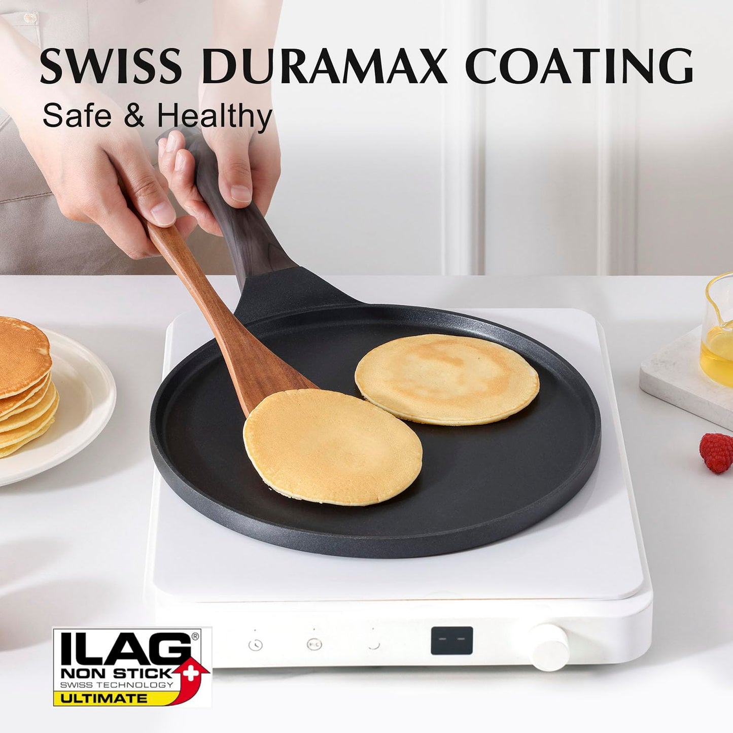 SENSARTE Black Crepe Pan 30cm Non-Stick Skillet Omelette Pancake Flat Pan with Swiss Granite Non-Stick Coating, Bakelite Handle, Induction Compatible, PFOA PFOS Free.