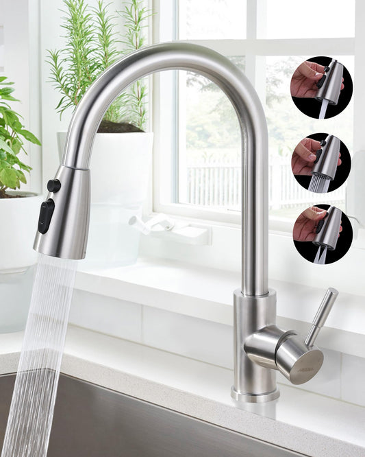ARCORA kitchen faucet with pull-out, high-pressure kitchen tap made of stainless steel. 360° swiveling kitchen faucet mixer with 2 spray modes in brushed nickel.
