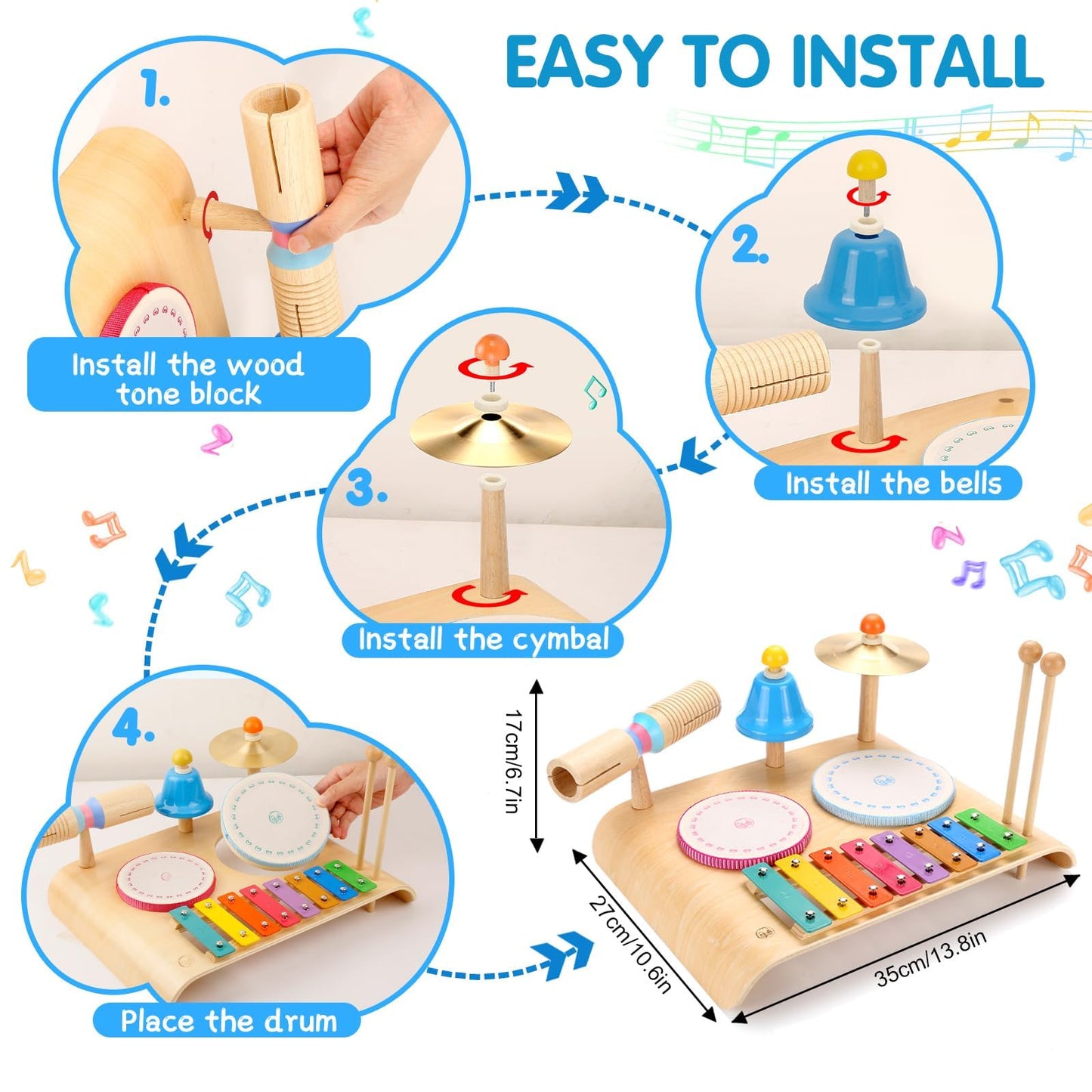 Sweet Time musical instruments for children, music kids' toys with xylophone, wooden percussion set, drum kit rhythm toy for toddler boys and girls (children's drum set)