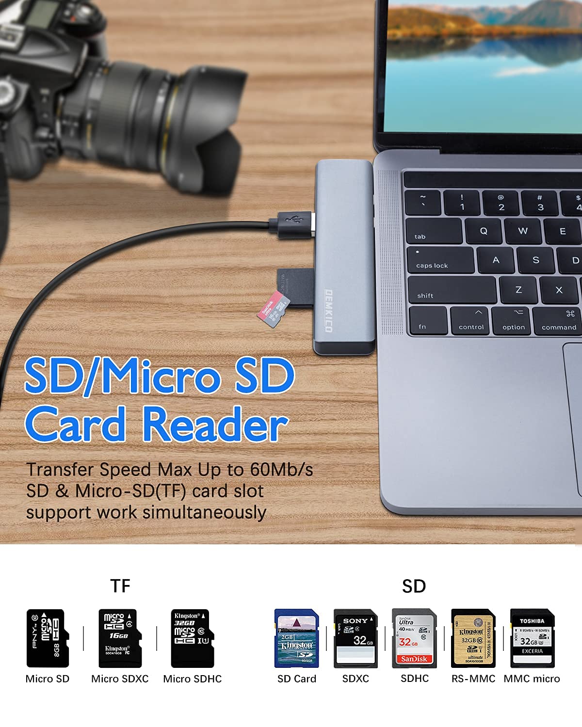 7 IN 2 USB C Hub for MacBook Pro MacBook Air, DEMKICO USB C Dock, MacBook Pro Adapter with 4K HDMI, USB 3.0 & USB 2.0 ports, SD/TF card reader, Thunderbolt 3 (87W PD), and USB C Female Port.