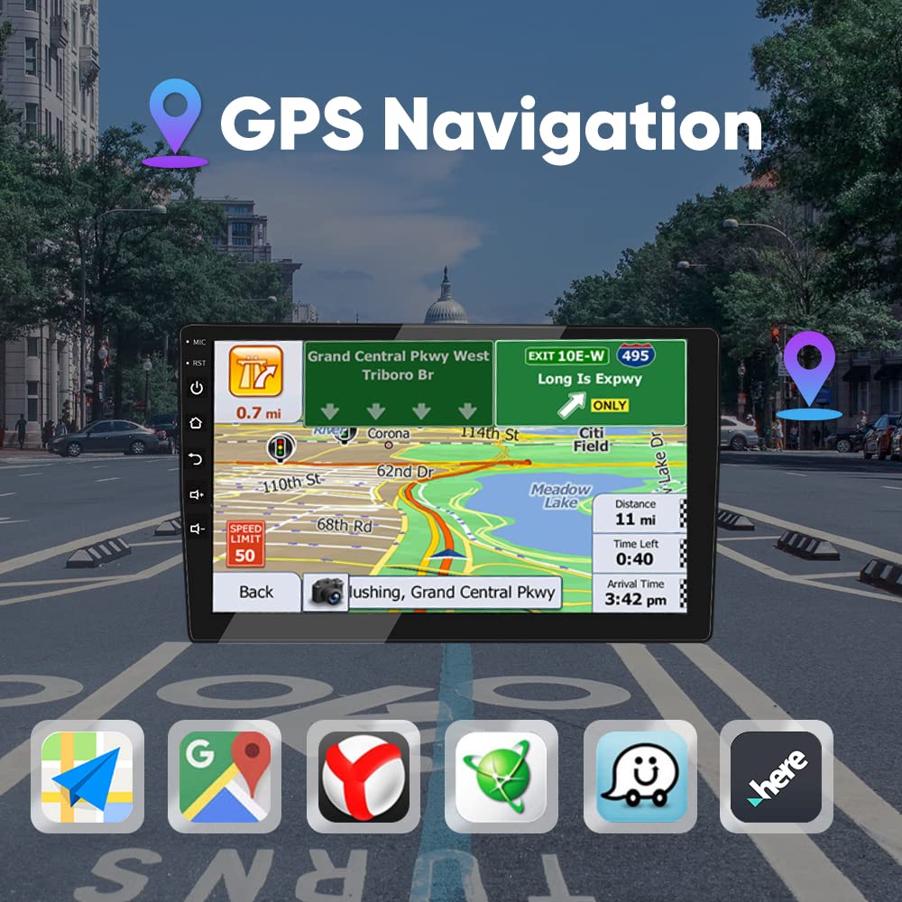 2 DIN car stereo, 10 inch 1080P HD touchscreen car radio with Bluetooth, Android car radio with navigation, Wireless CarPlay & Wireless Android Auto, FM radio, Mirrorlink, WiFi, 2 USB ports, 2GB RAM + 32GB storage.
