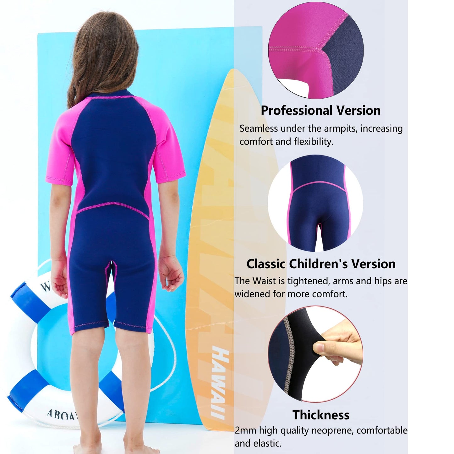 NATYFLY Kids Shorty Wetsuit 2.5mm Children's Neoprene Thermal Swimsuit UV Protection Swimsuits for Girls Boys One Piece WetSuits (Pink, 6 Years)