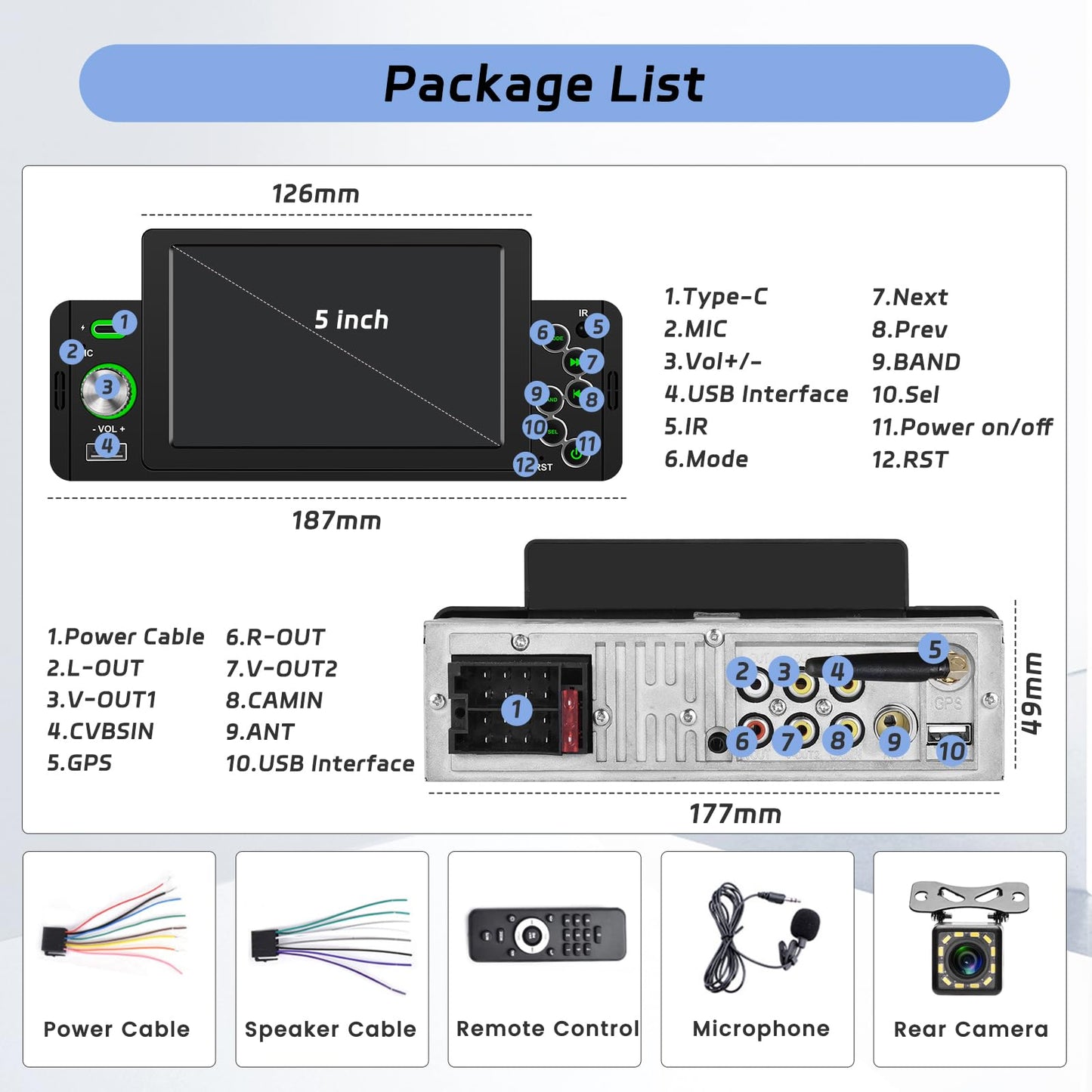 Hikity 1-Din car stereo, CarPlay Android Auto Wireless, 5" touchscreen radio, Bluetooth with reverse camera, FM radio, EQ, SWC, USB Type-C, Mirror Link.
