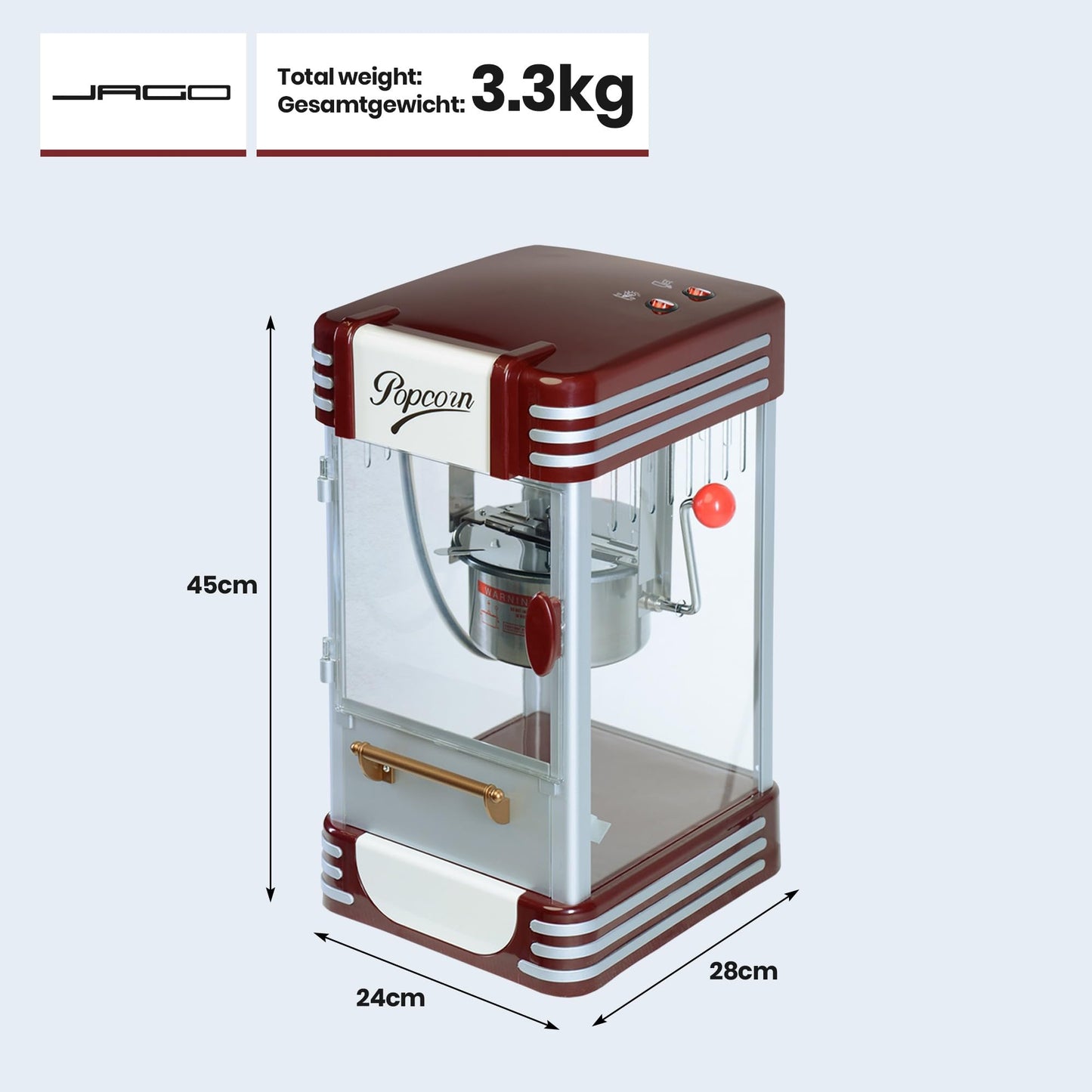 Jago® Popcorn Machine Retro - 60L/h, 200g/10min, Stainless Steel Pot, for salty popcorn - 50s style, Pro Popcorn Maker, Preparer, Machine