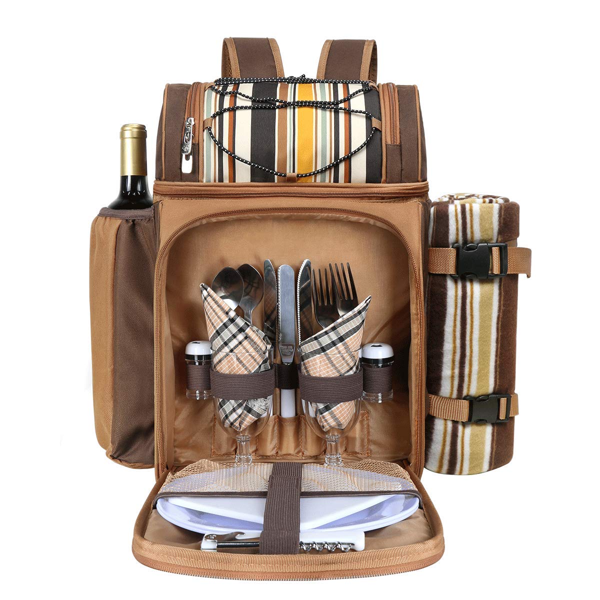 Hap Tim picnic backpack cooler for 2 people with insulated leak-proof cooler bag, wine holder, fleece blanket, cutlery set, perfect for beach, day trips, hiking, camping.