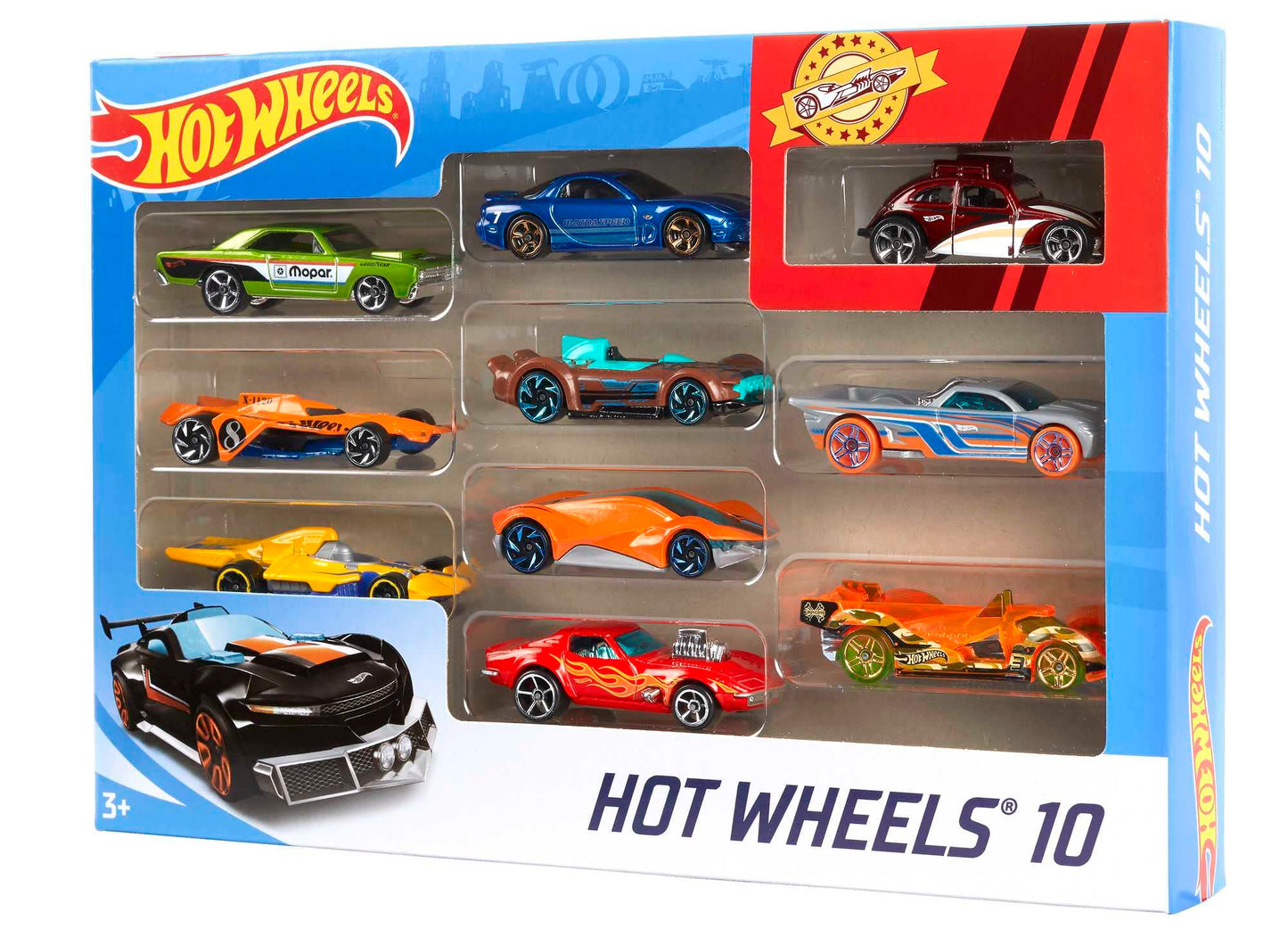 Hot Wheels 1:64 Die-Cast Car Gift Set, 10 toy cars, random selection, toy cars for ages 3 and up, 10 pack, Multicolor, 54886.