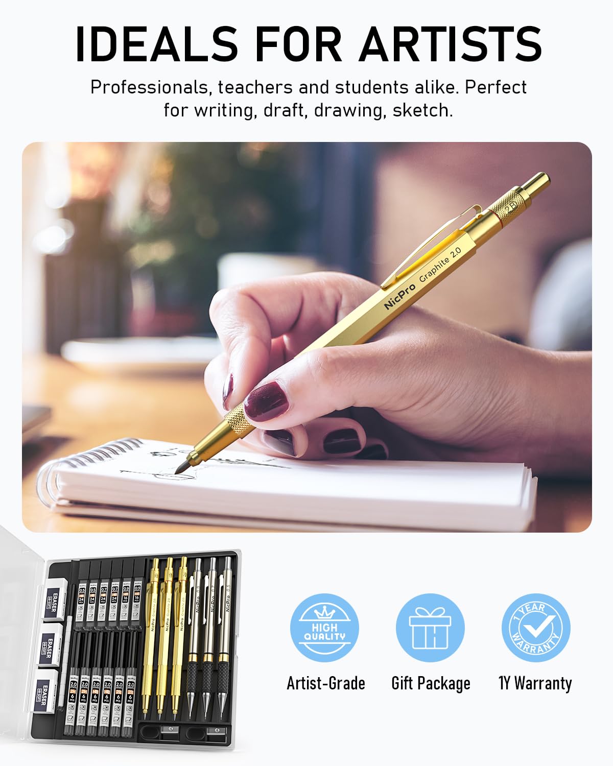 Nicpro 6 Piece Metal Mechanical Pencil Set with Case, Golden Pencils 0.5 & 0.7 & 0.9 & 2.0 mm Mechanical Pencil (2B HB 2H) with 12 Tubes of Lead, for Writing, Sketching, and Drawing
