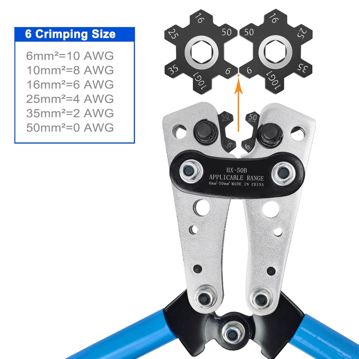 Brileine Battery Cable Lug Crimping Tool Large 10-1/0 AWG with 8 Sizes 60 Pieces Copper Ring Terminals - Crimping Tool Battery Cable Set
