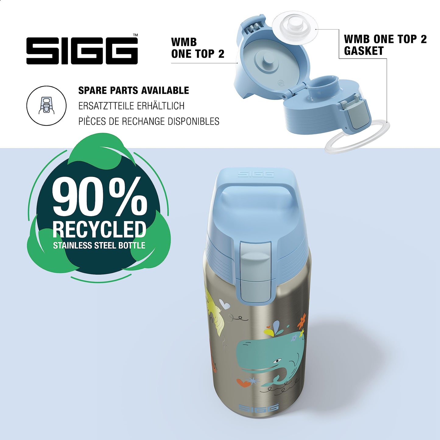 SIGG - Insulated kids water bottle - Shield Therm One Whale Friend - Suitable for carbonated drinks - Leak proof - Dishwasher safe - BPA free - 90% recycled stainless steel - Brushed & Blue with whale - 0.5L