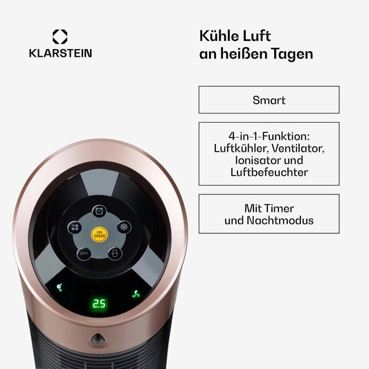 Klarstein 4-in-1: Smart air cooler, fan, humidifier & ionizer I 6L water tank, oscillation, 30W, 210m³/h, timer I Portable air conditioner, no exhaust hose needed I Black-rose gold color.