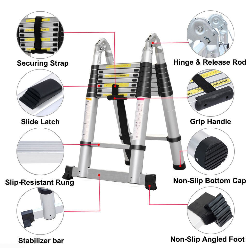 5M telescopic ladder Aluminum ladder 2.5M+2.5M sliding ladder folding ladder multi-purpose ladder extension ladder 16 rungs easy to carry max load capacity 150 kg