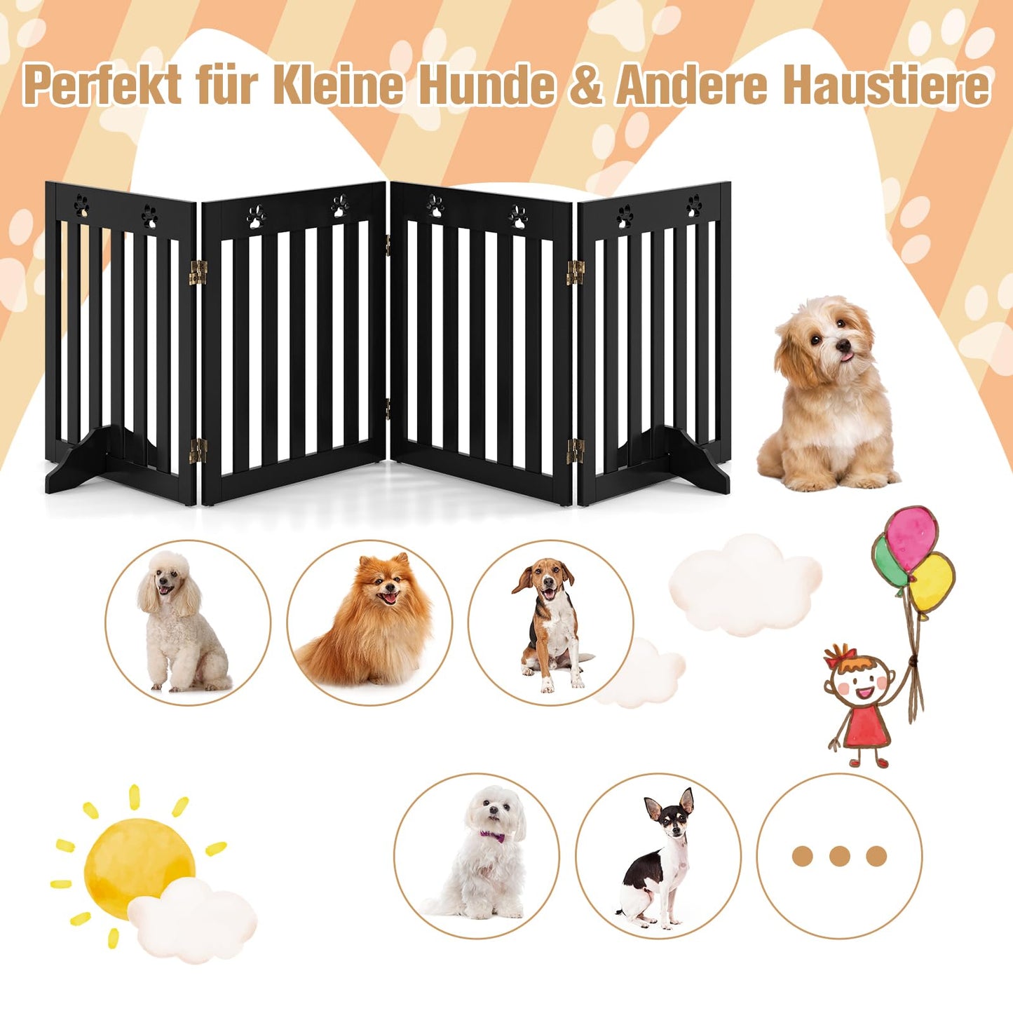 COSTWAY Dog Gate, Wooden Safety Gate, Foldable Baby Gate, 60cm High Stair Gate, Flexible Pet Gate Door Guard (4 Panels, Brown)