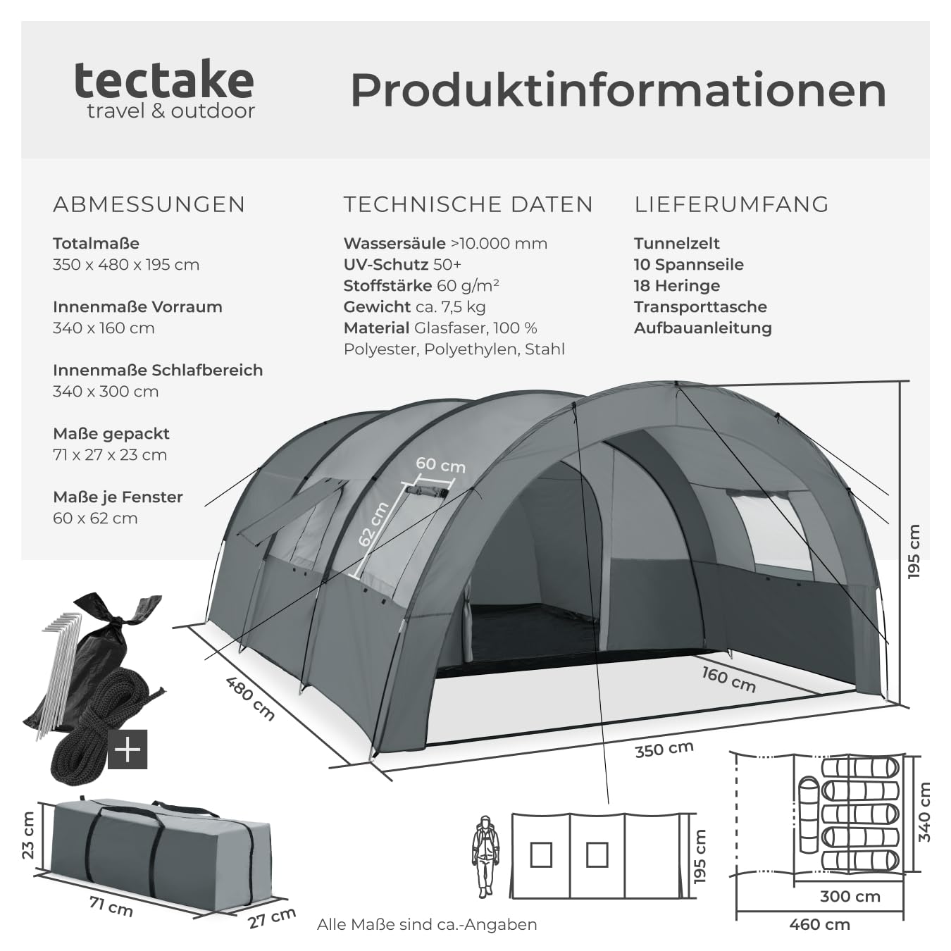 TECTAKE® tunnel tent, 6 people, family tent, large tent with awning and floor mat, UV protection, camping tent including carrying bag, 350 x 480 x 195 cm - dark gray/light gray.