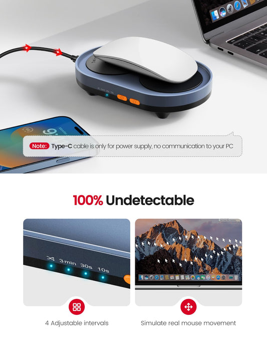 VAYDEER Mouse Mover, no need to calibrate cursor, undetectable, silent mouse shaker, simulates realistic mouse movement, with adjustable intervals and on/off switch.