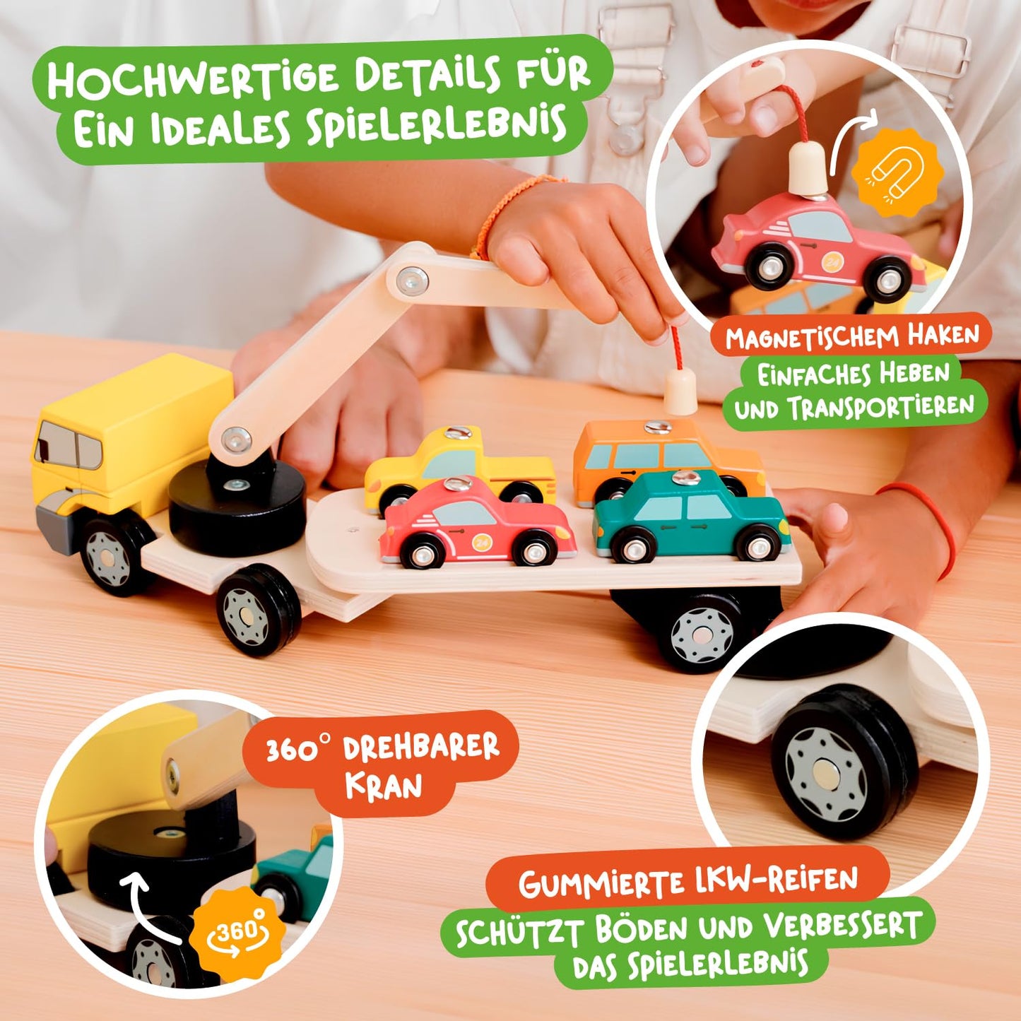 Nene Toys wooden car transporter with crane & 4 magnet cars - magnetic toy for kids aged 2 years & up - Montessori wooden toy & learning game with vehicles - gift for boys girls 2-3 years