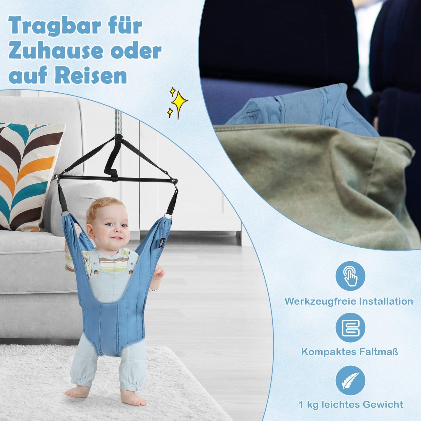 COSTWAY Baby Door Jumper, Adjustable Length, Door Swing, Door Frame Jumper with Door Clamp, for Infants 6-12 Months (Blue)