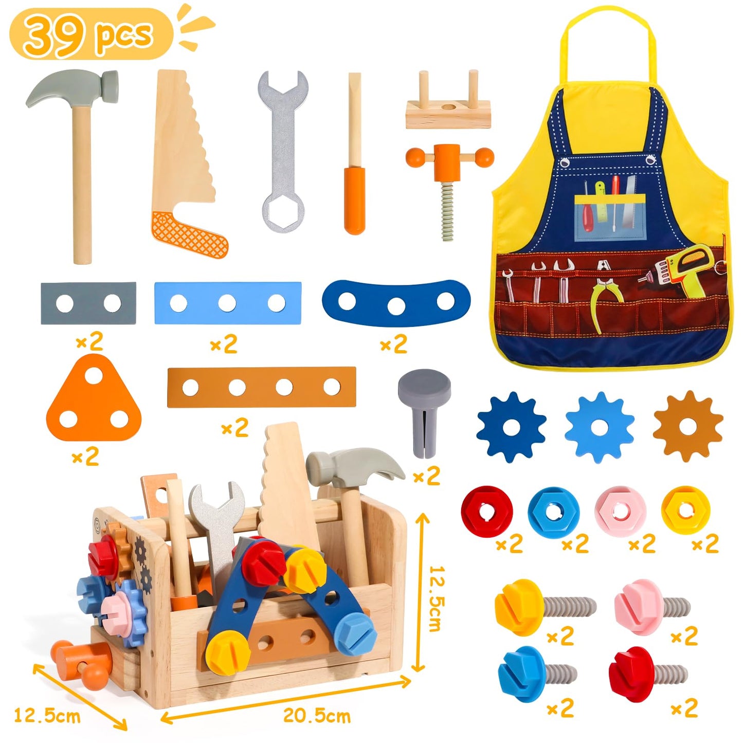 hifunti Tool Set Kids Workbench Montessori Toy from 2 Years Wooden Toolbox Gifts for 2 3 4 Year Old Boys Girls with Apron Learning Games Children's Toys from 3 4 Years (39 Pieces)