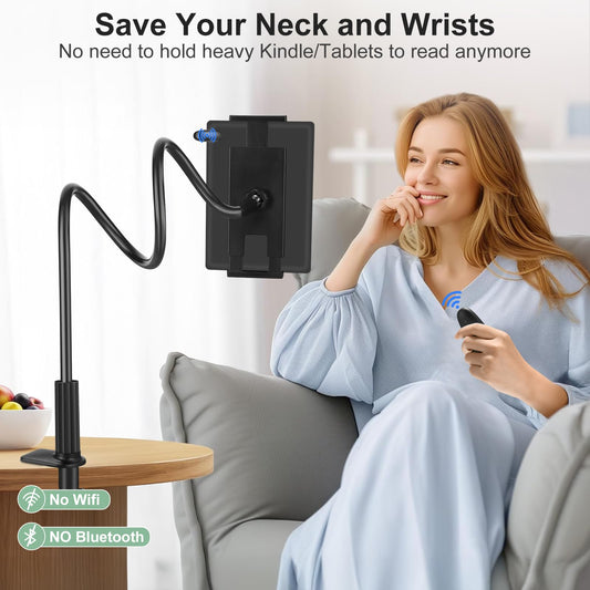 MAHYKO flexible tablet holder for Kindle reading in bed with RF remote page turner, eReader stand with page turning, flexible arm stand for Kindle accessories Paperwhite, Tolino, Kobo