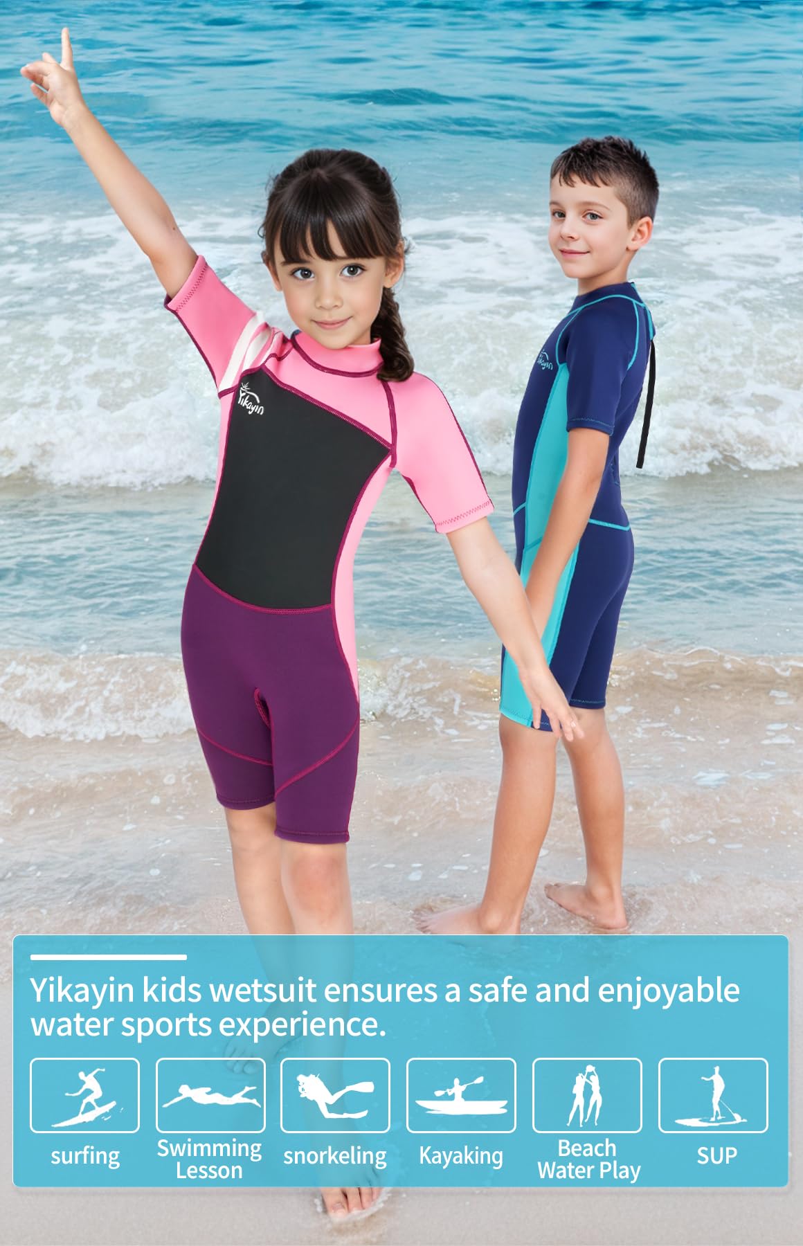 Yikayin Kids Neoprene Wetsuit Shorty, 2.5mm Neoprene for Boys Girls, Thermo UV Swimwear with back zipper for swimming lessons, diving, surfing, snorkeling.
