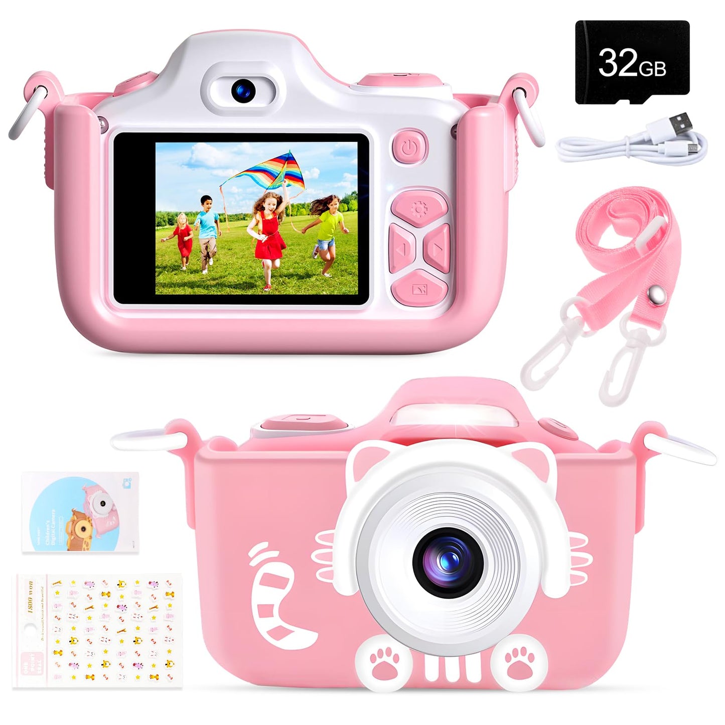 Kriogor Kids Camera, Digital Photo Camera Selfie and Video Camera with 16MP/Dual Lens/2 Inch Screen/1080P HD/32G TF Card/9x Digital Zoom, Birthday Gift for Kids (Pink)