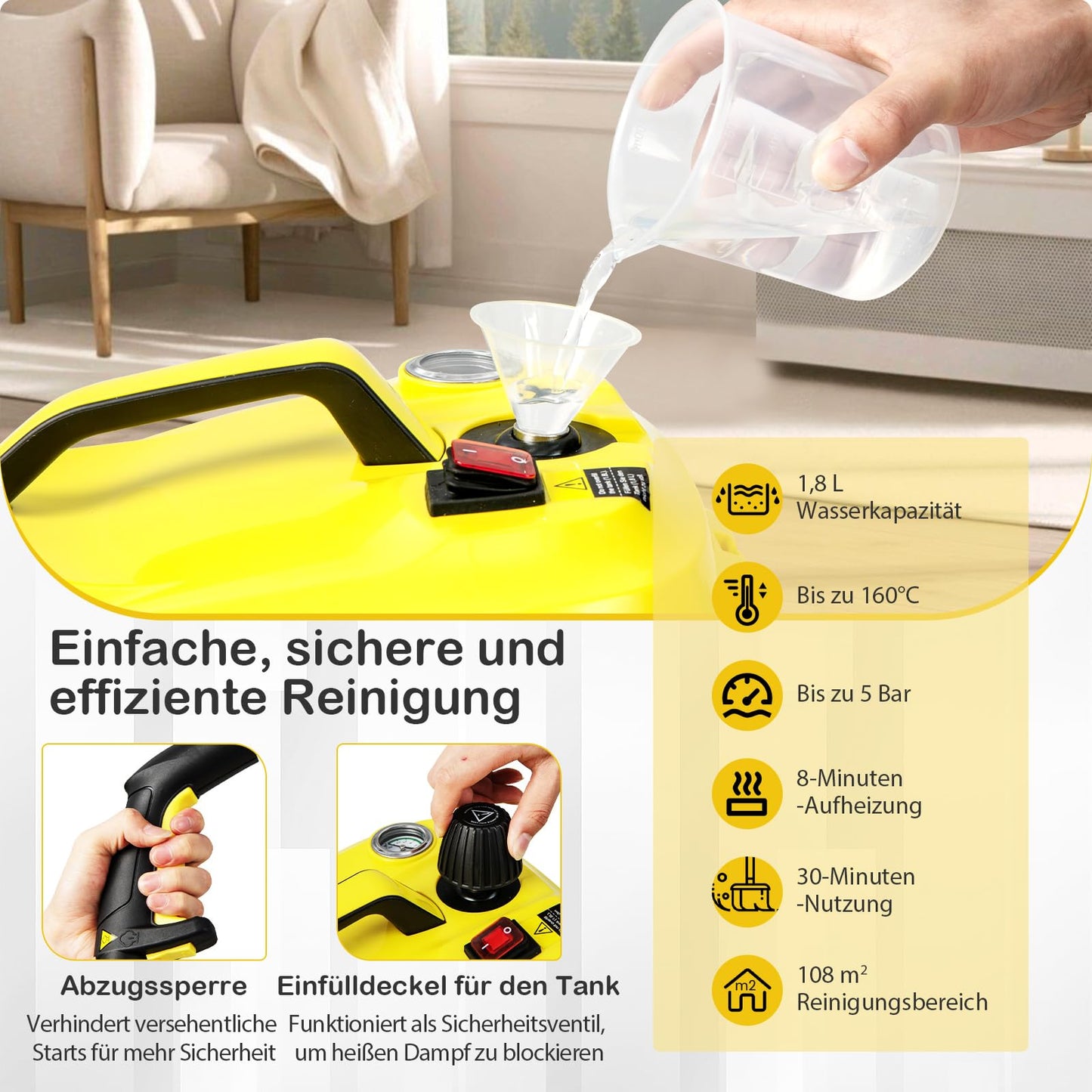 RELAX4LIFE Steam Cleaner, Steam Pressure: 5 bar, Power: 2000 W, Area Performance: 108 m², Tank: 1.8 L, Heating Time: 8 min., includes floor cleaning set, nozzles, for carpets, floors, tiles, windows, sofa