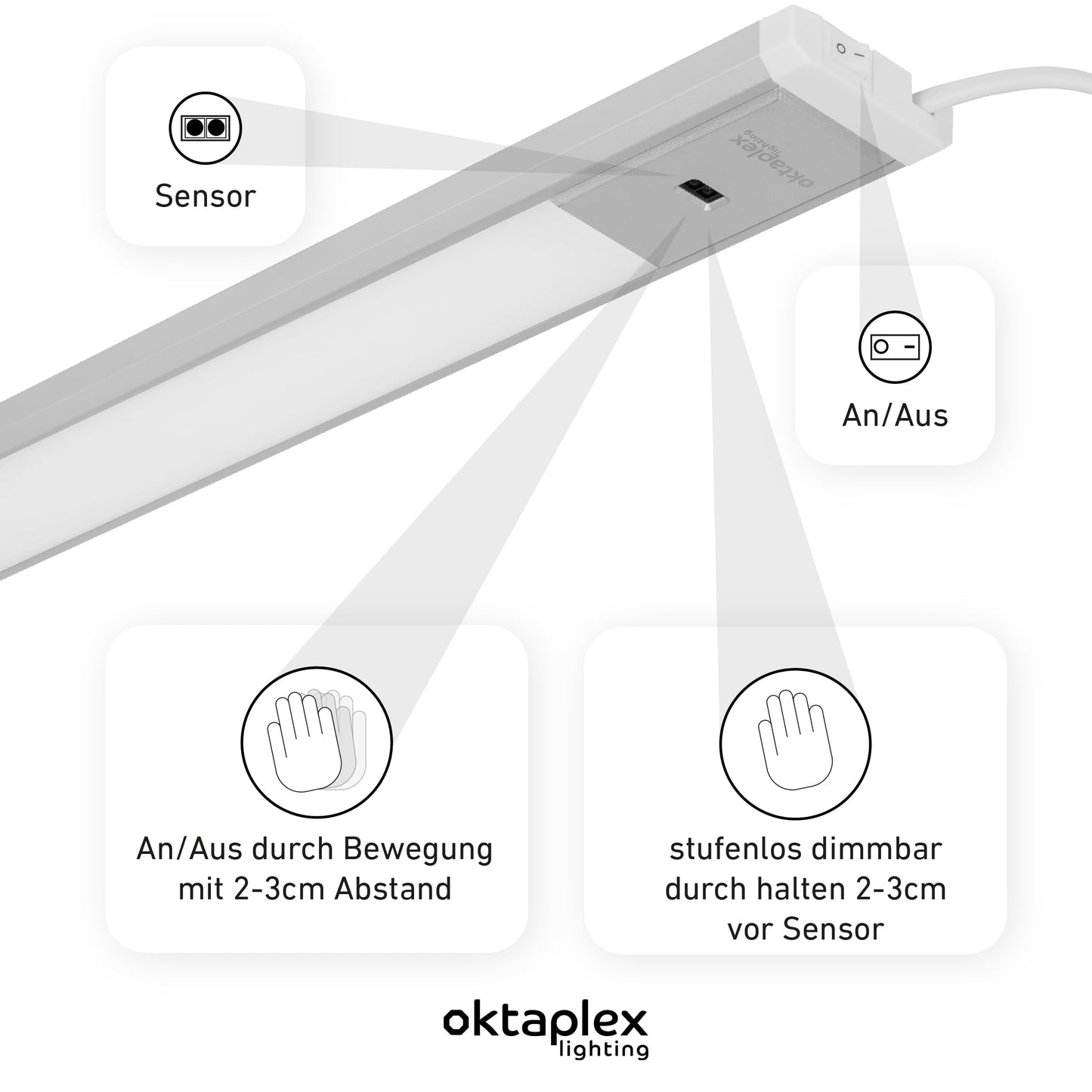 Octaplex Riva under cabinet LED light, 90cm, dimmable warm white 730lm, flat kitchen lighting with sensor. Under cabinet light, 10W, silver.