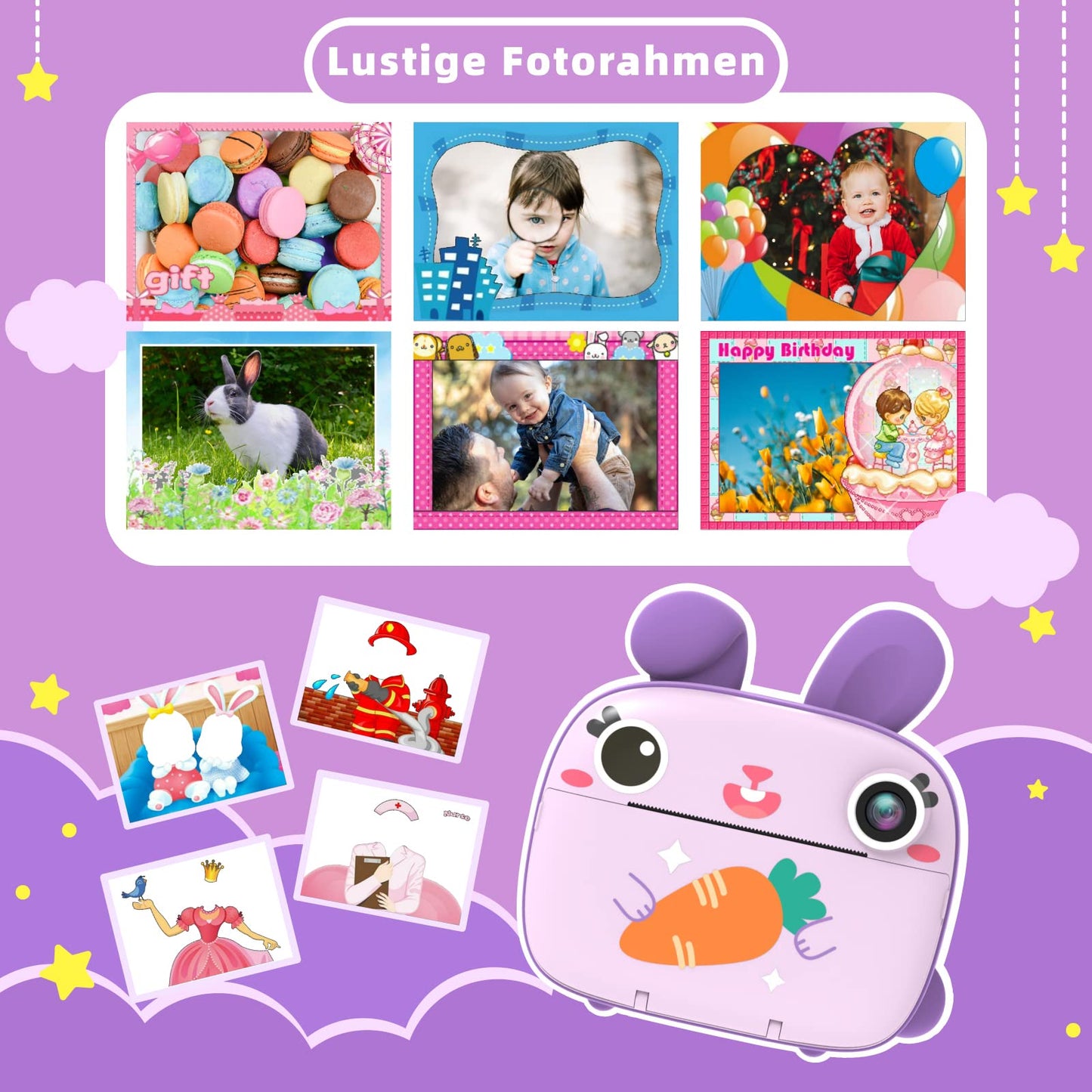 Children's camera instant camera, CAMCLID camera for children with 3 rolls of thermal paper & 32GB card, digital camera & video camera with 2.4" screen, instant camera gift for girls boys (purple)
