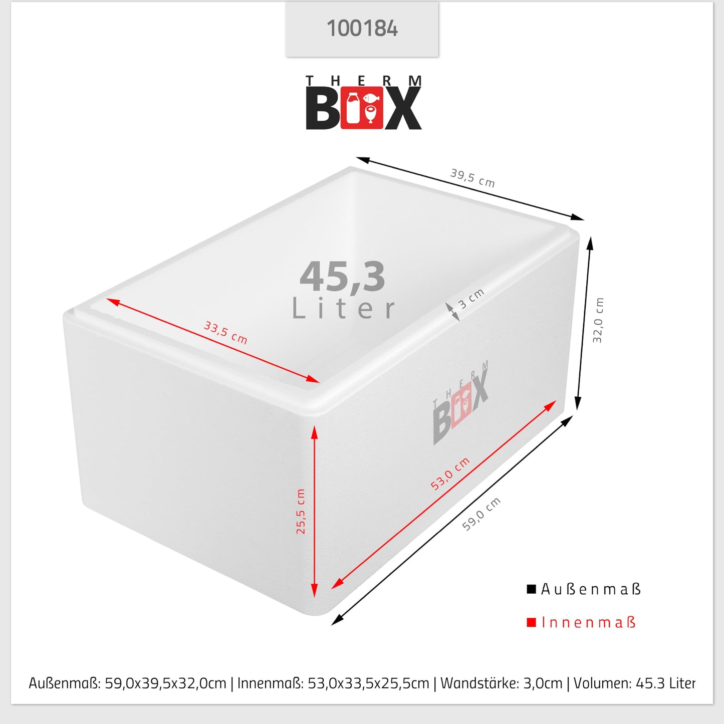 THERM-BOX Styrofoam box 45W Inside: 53x33x25cm Wall: 3cm Volume: 45.3L Insulated box Cooler Warm box Reusable