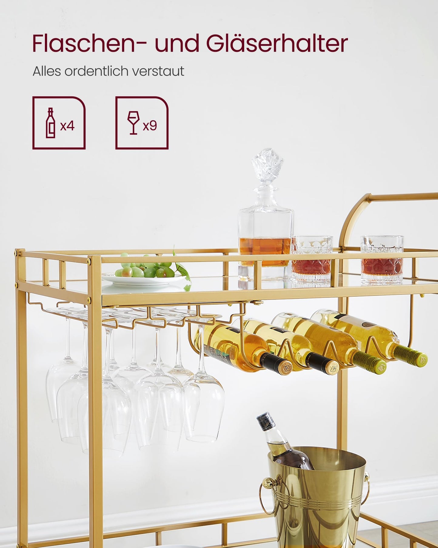 VASAGLE serving cart, rolling cart, glass holder, 2 mirrored glass shelves, bar cart, wine cart, for kitchen, dining room, bar, gold color LRC090A03