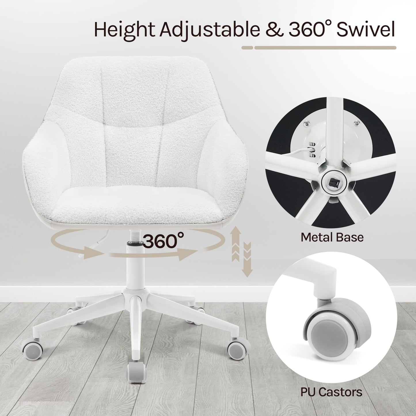 WOLTU home office chair, desk chair, swivel chair, vanity chair, adjustable height, supports up to 150kg, with bouclé seat, cream+beige, BS175grcm