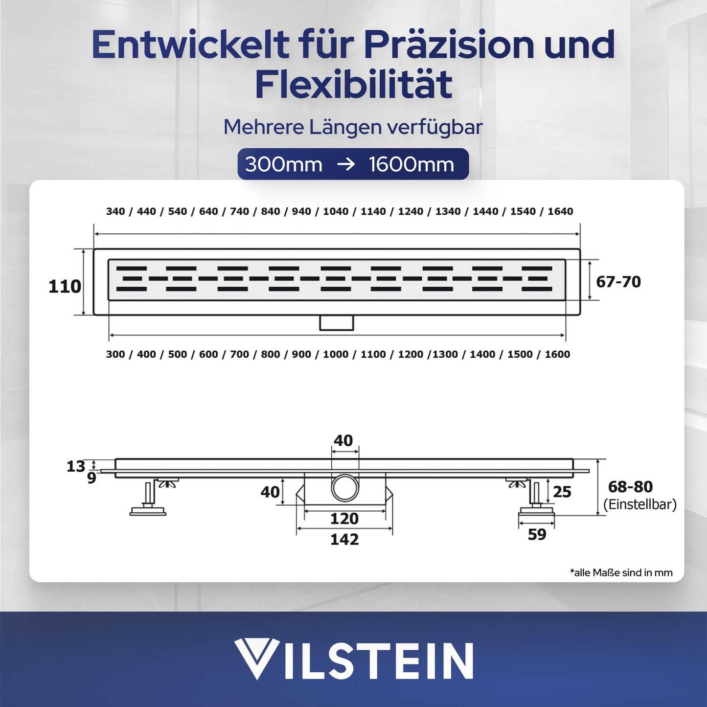 VILSTEIN Shower Drain 50cm, Stainless Steel Floor Drain Complete Set, extra flat, Siphon with odor trap, Hair Sieve - Wave