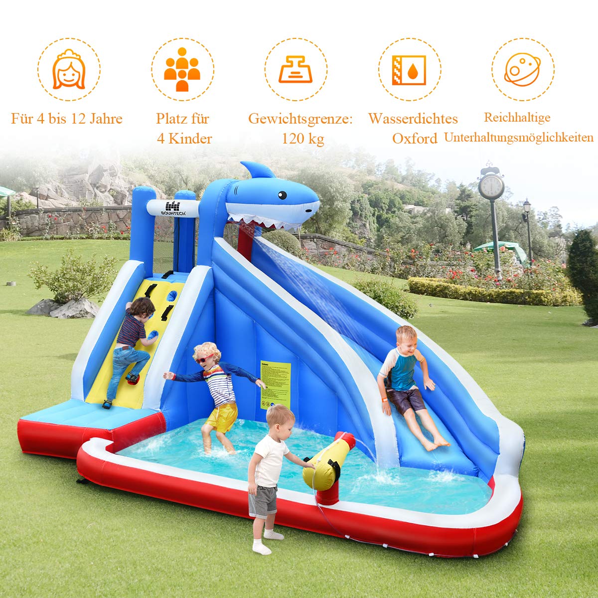 COSTWAY Inflatable Bounce House Water Slide Spray Pool, Water Play Center with Slide, Inflatable Water Park, Splash Pool 390x305x240cm