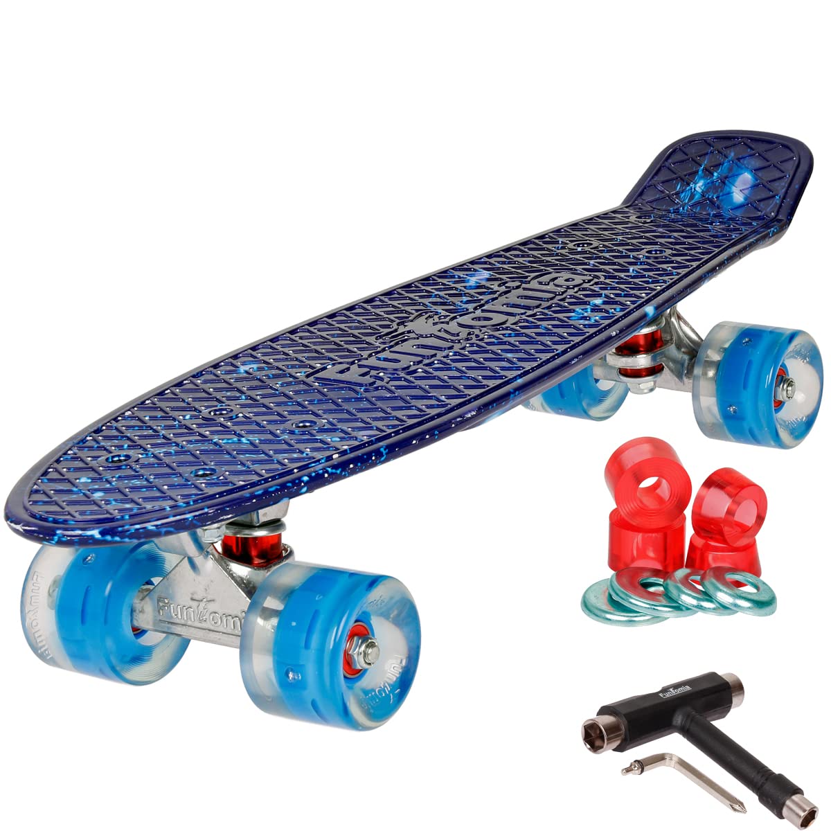 FunTomia 57cm mini cruiser board skateboard with or without LED light-up wheels including aluminum truck, ABEC-9 bearings, and T-Tool (Galaxy blue with blue LED wheels)