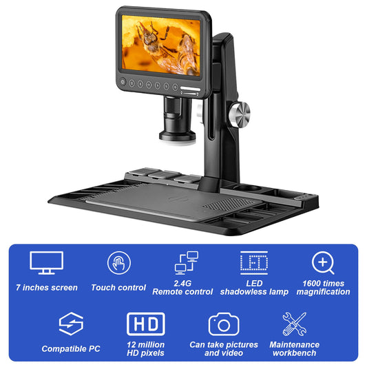 Auveach Digital Microscope 7 Inch 1600 x 12 MP 1080P Professional Welding Microscope for Adults with Wireless Remote Control 28 LED Light compatible with PC (32 GB TF Card included).